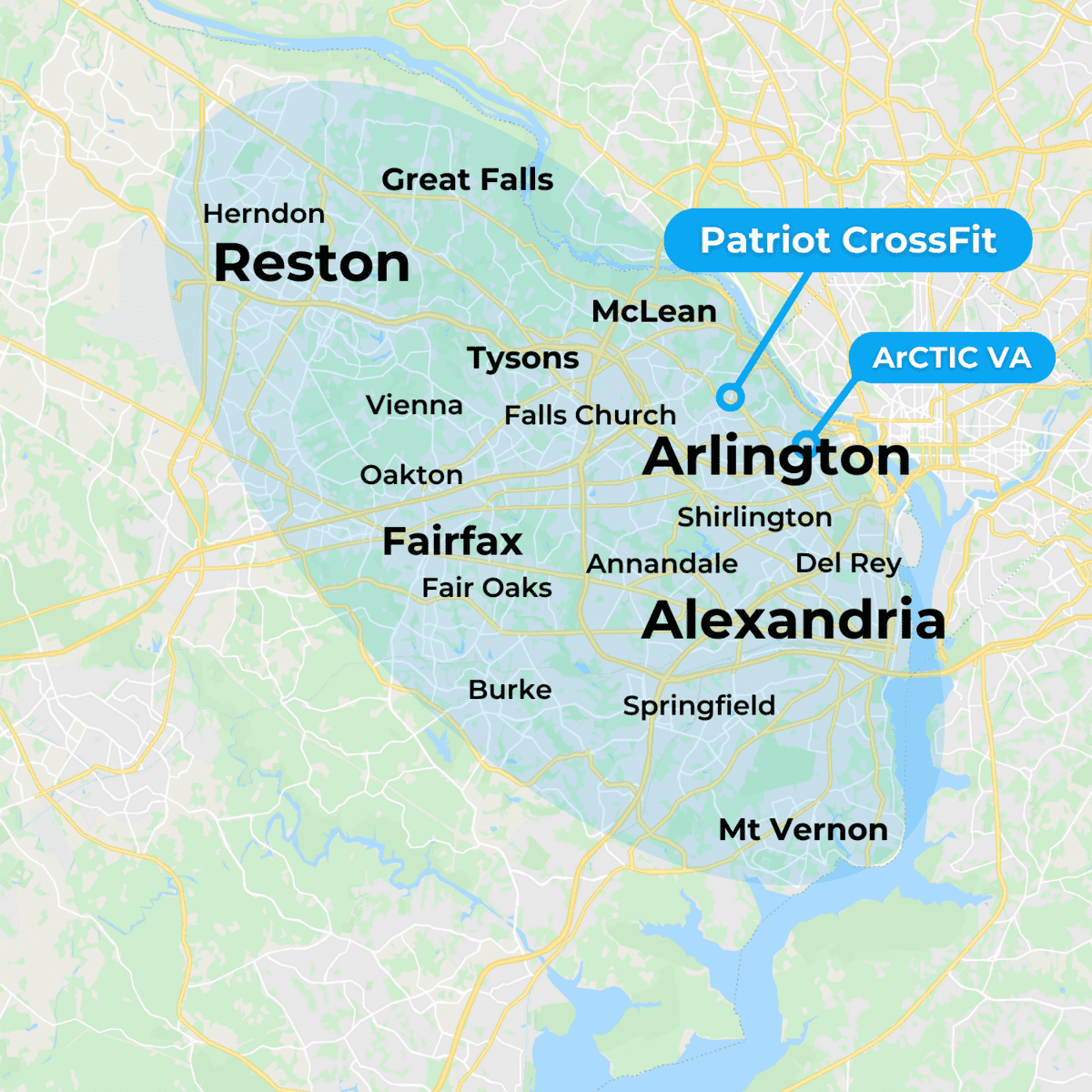 Map of MovementX Physical Therapy in Northern Virginia including Alexandria, Arlington, and Reston