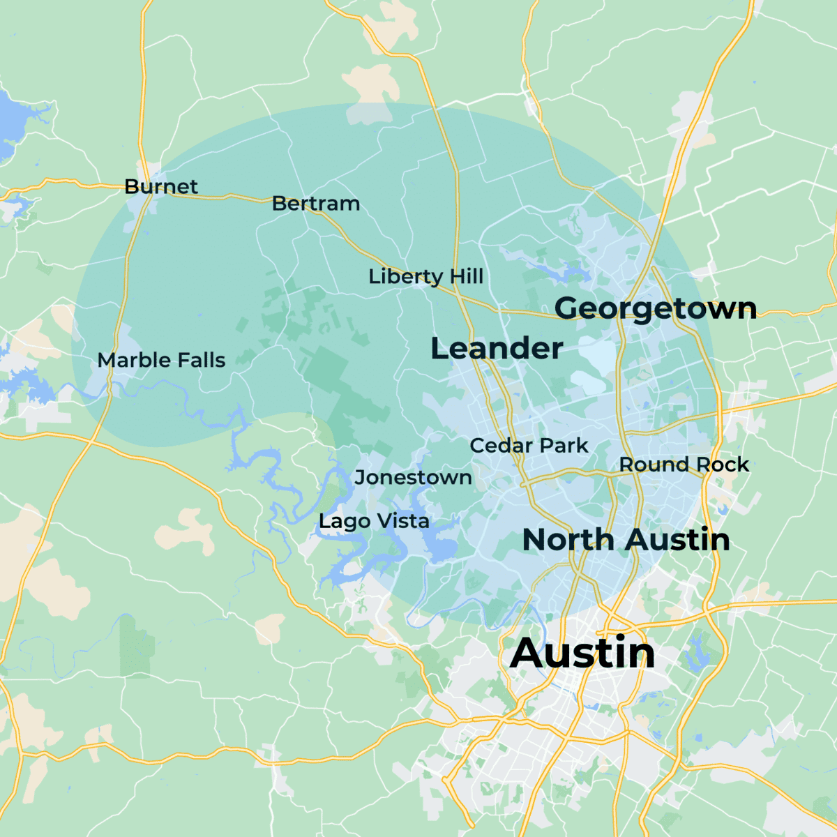 MovementX Physical Therapy in Austin Texas Map of Service Area