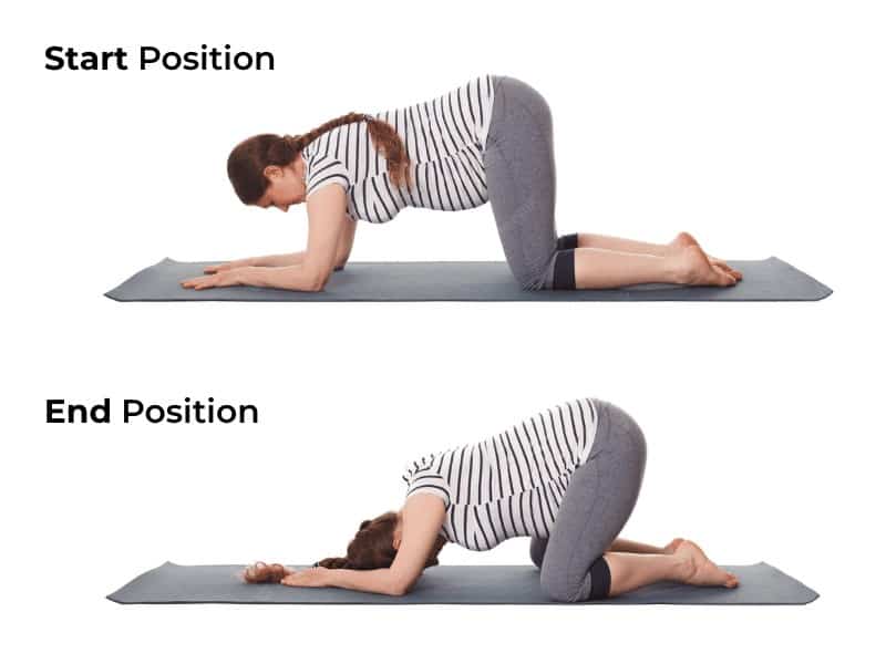 Pregnant woman performing a child's pose yoga exercise for lower back pain relief