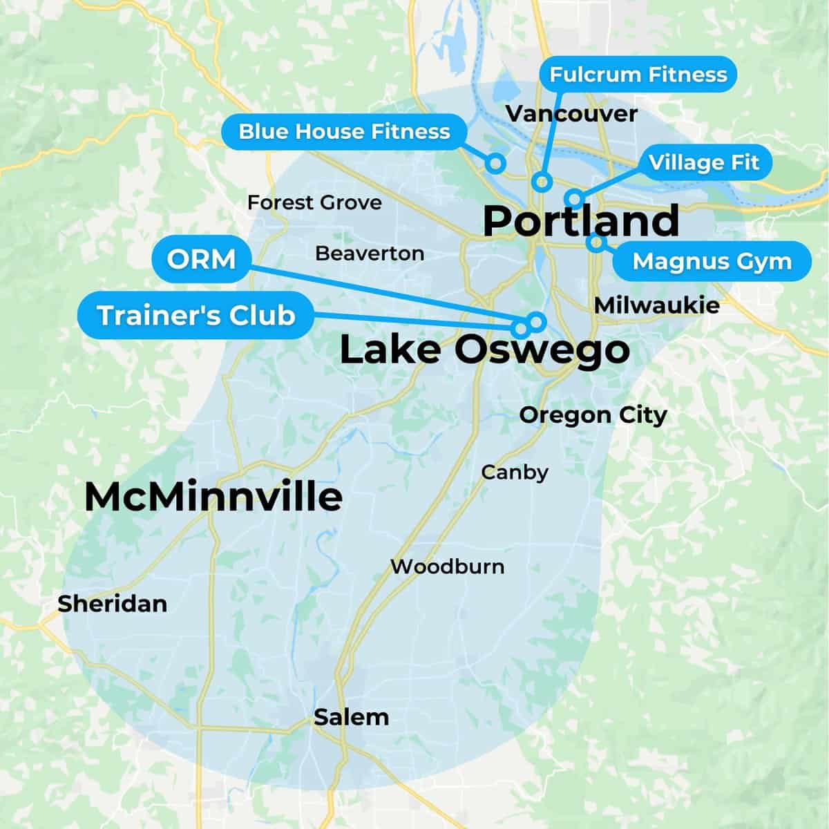 Map of MovementX Physical Therapy in Portland, OR including Lake Oswego and McMinnville