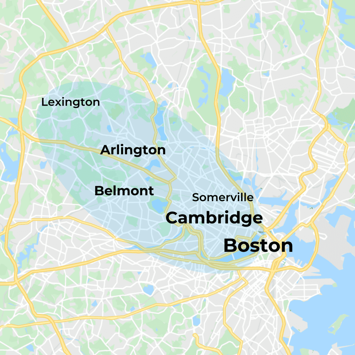 MovementX physical therapy in Boston location service coverage map of Cambridge, Arlington, Belmont, Lexington, and Somerville