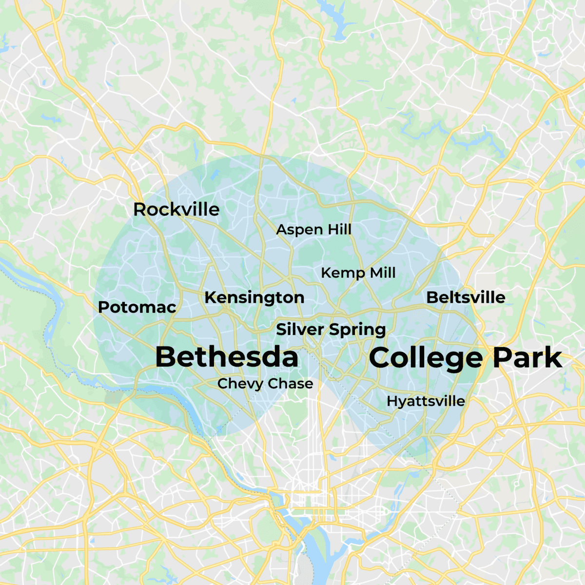 MovementX physical therapy in Maryland location service coverage map of Bethesda, College Park, Silver Spring, Kensington, Rockville, Potomac, Beltsville, Kemp Hill, Aspen Hill, and Chevy Chase near Washington, D.C.