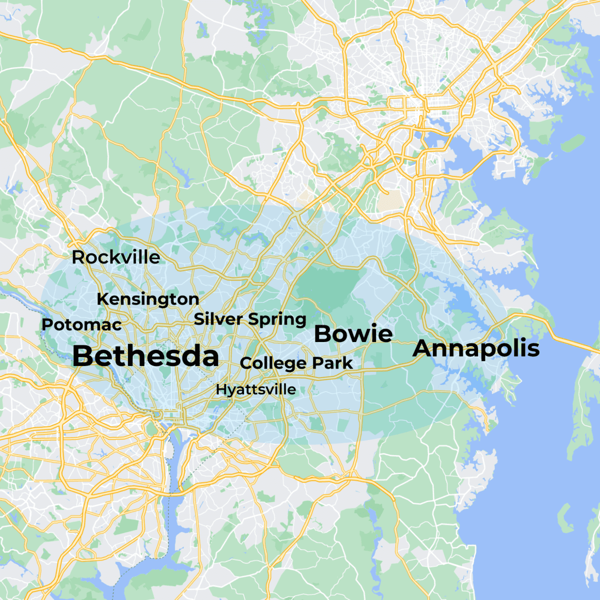 MovementX physical therapy services coverage map of Maryland including Bethesda, Bowie, Chevy Chase, Silver Spring, Annapolis, and College Park