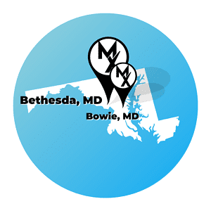 Map of Maryland showing MovementX at home physical therapy in Bethesda and Bowie locations
