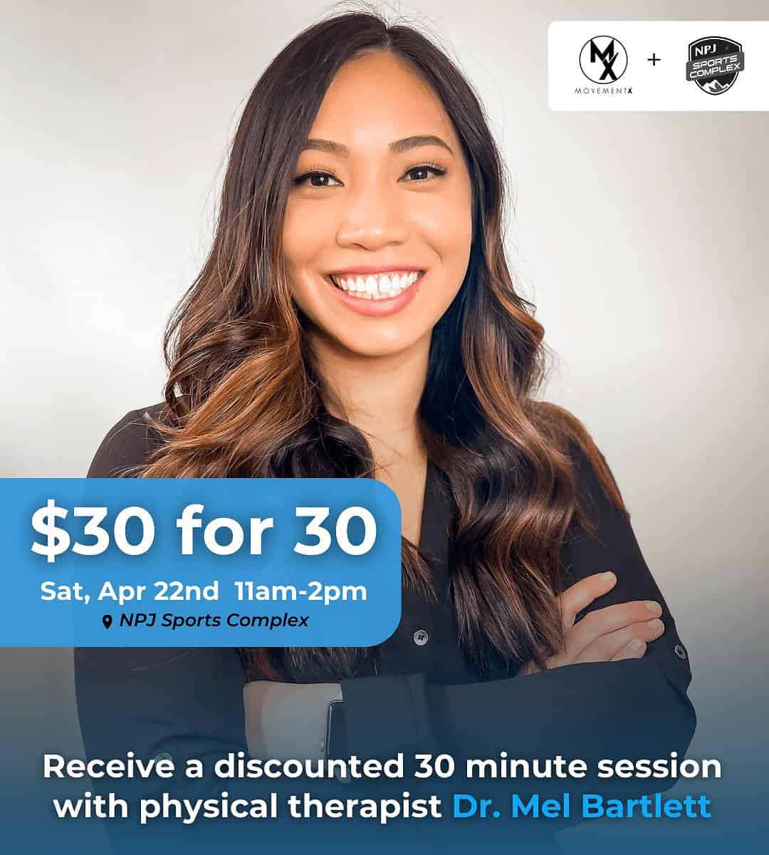 Mel Bartlett MovementX Physical Therapist 30 for 30 event description