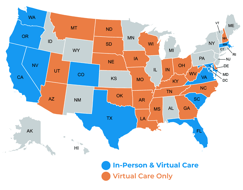 Locations Map for MovementX physical therapy services nationwide highlighted in blue and orange with the available states they offer services in