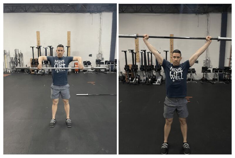 MovementX physical therapist in Northern Virginia Dr. Dan Alcorn, PT, DPT demonstrating an overhead snatch crossfit exercise in a MovementX PT shirt