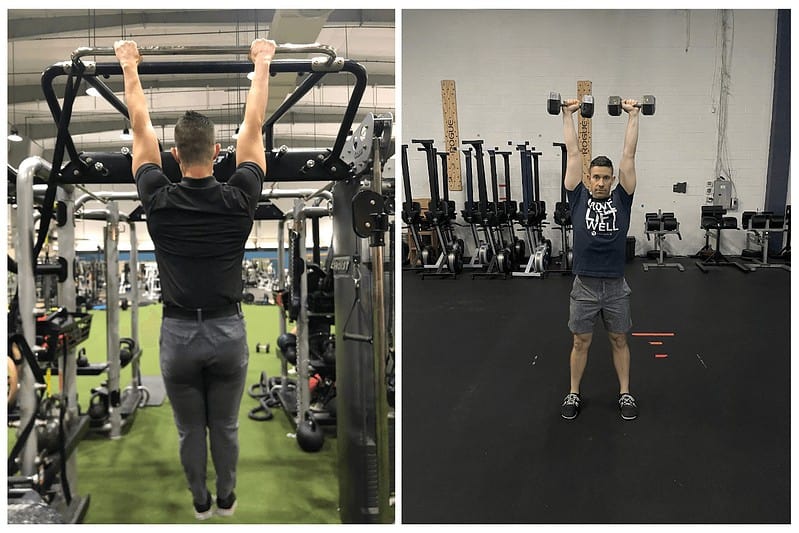 MovementX physical therapist demonstrating a sustained arm hang and sustained overhead press hold against resistance