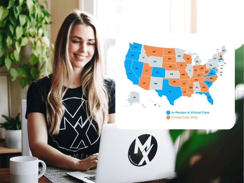 MovementX Physical Therapist offering a virtual telehealth physical therapy appointment with an overlaid map of virtual PT service coverage throughout the united states
