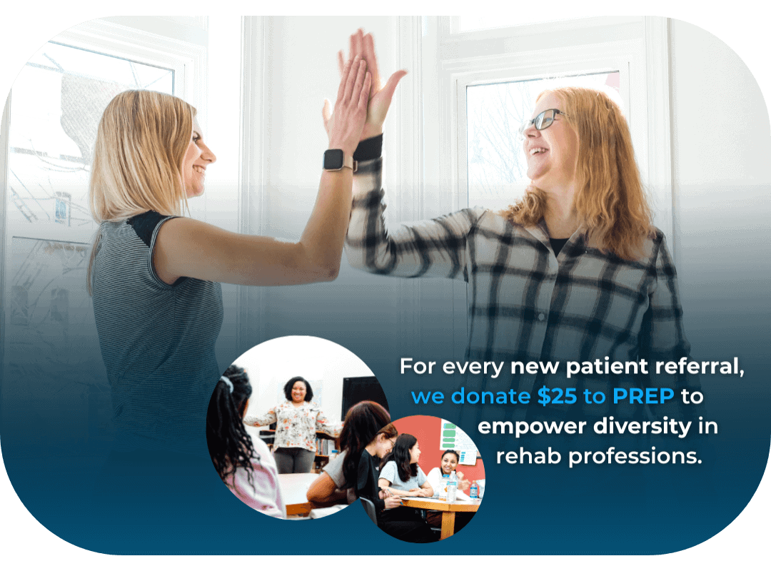 MovementX physical therapist Dr. Morgan Petro high fiving a client with an overlaid graphic depicting a movementx donation to charity for every referral