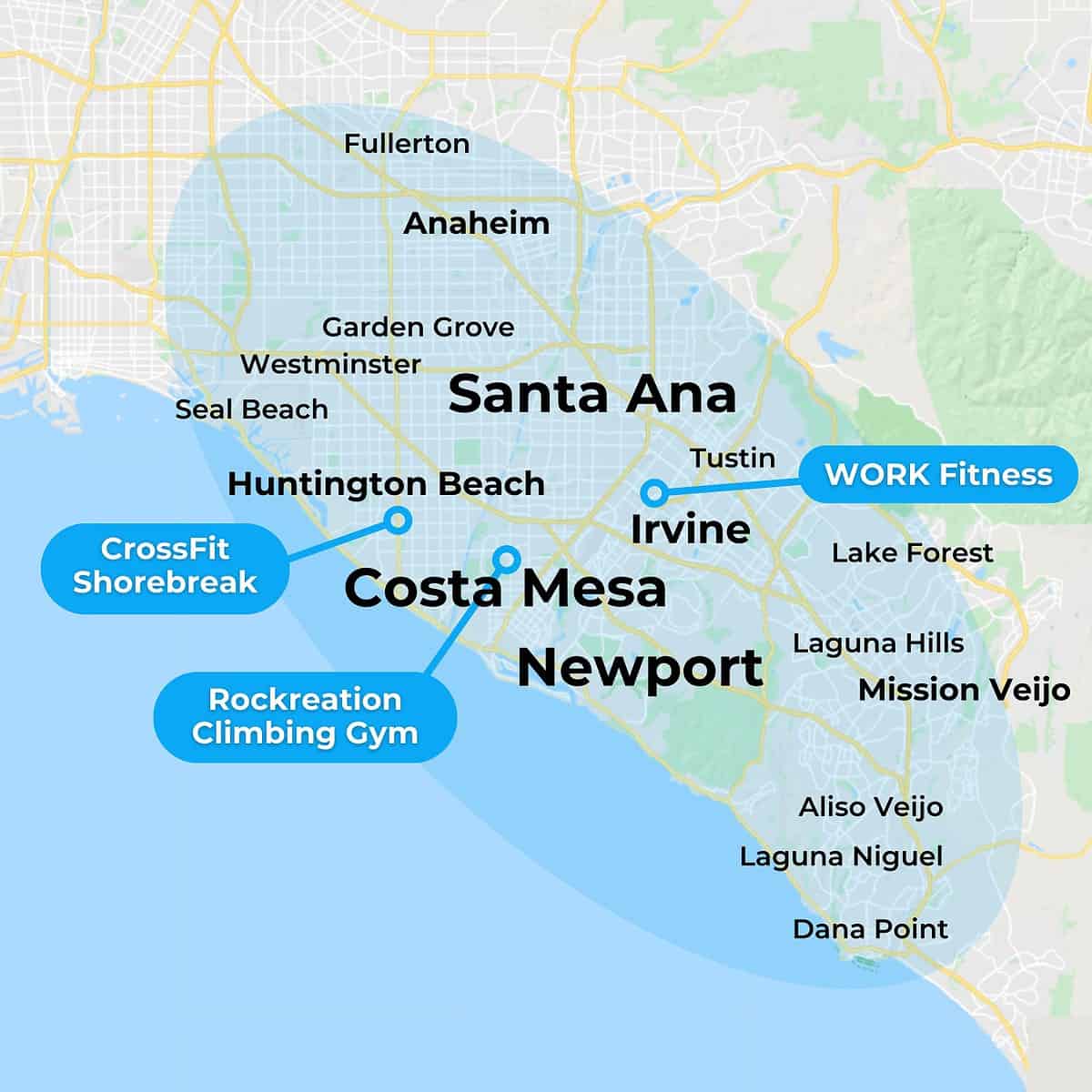 MovementX physical therapy in orange county services locations map featuring several cities and three partner locations at rockreation climbing gym, work fitness, and crossfit shorebreak