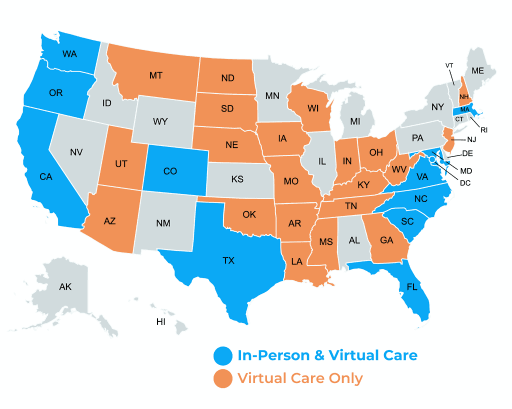 Locations Map for MovementX physical therapy services nationwide highlighted in blue and orange with the available states they offer services in
