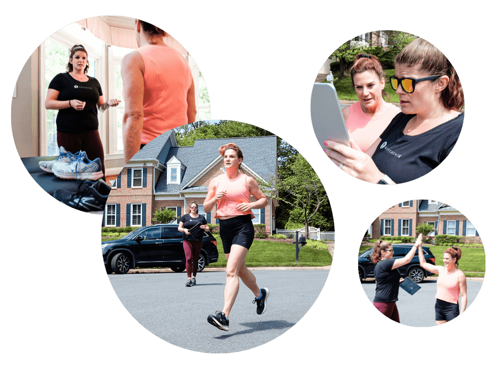 A collage of circle photographs depicting a runner getting physical therapy for runners with a MovementX running specialist