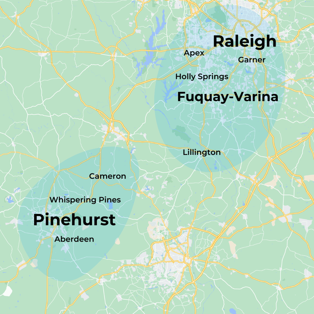 A map showing the locations served in Central North Carolina for in home physical therapy with MovementX in Pinehurst, Raleigh, and Fuquay-Varina