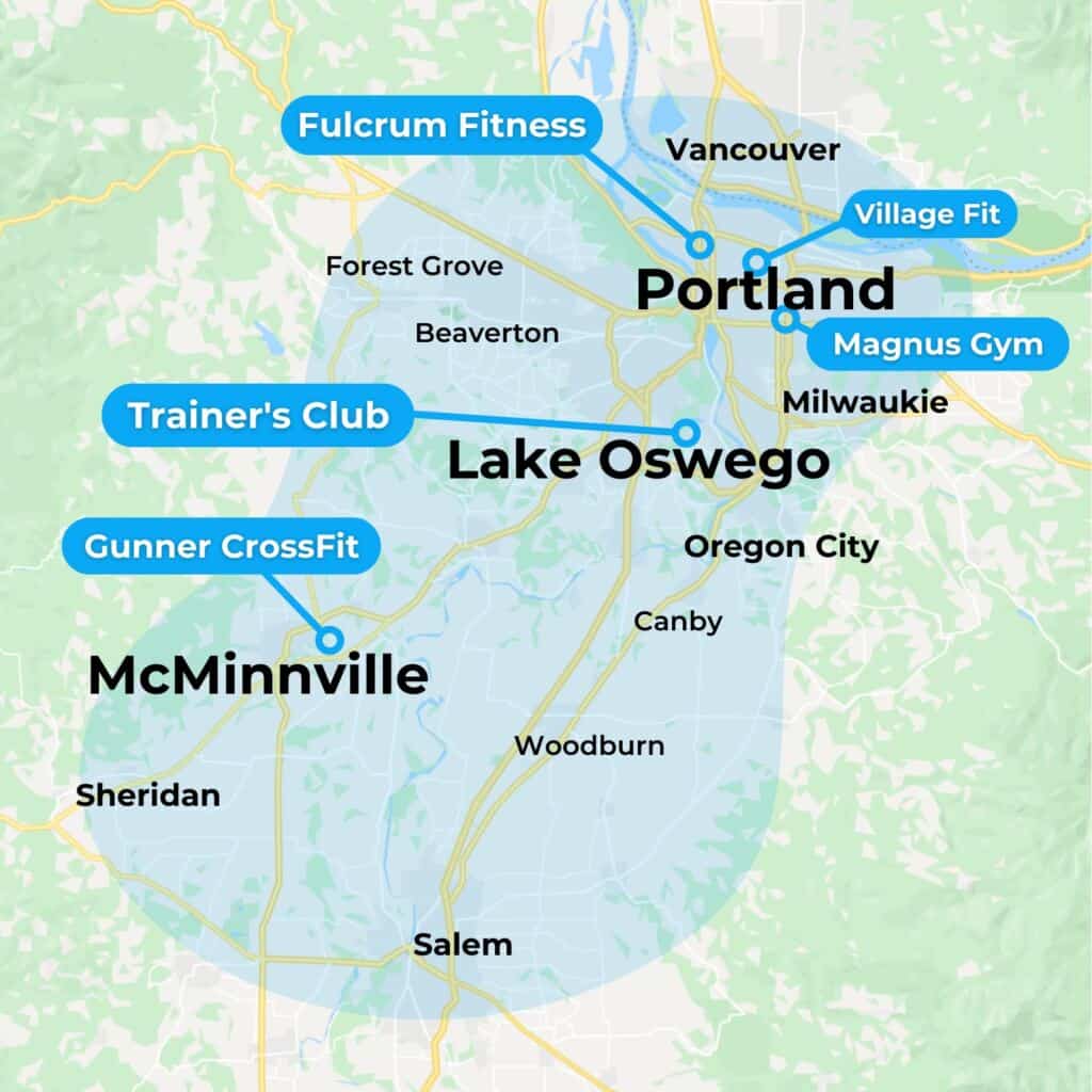 Map of MovementX Physical Therapy in Portland, OR including Lake Oswego and McMinnville areas with partner locations