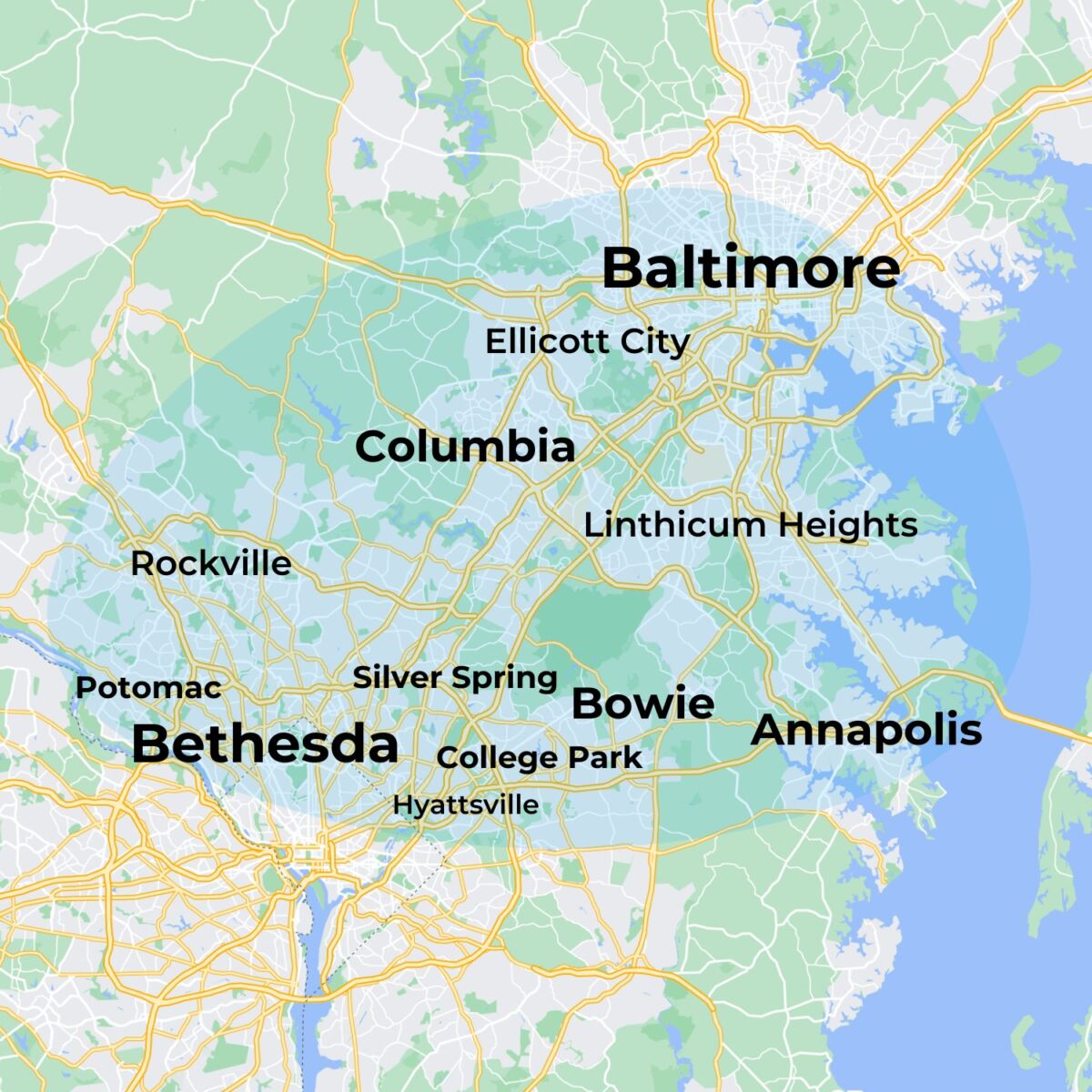 MovementX physical therapy services coverage map of Maryland including Bethesda, Baltimore, Bowie, Chevy Chase, Columbia, Silver Spring, Annapolis, and College Park
