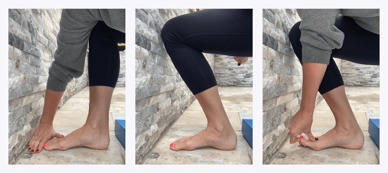 three pictures of a runner performing the toe to wall test for fitting their running shoes