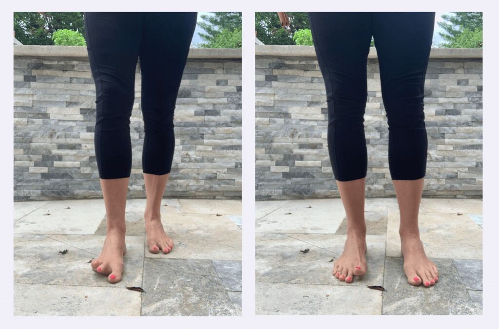 two photos of a runner performing the arch height test to find the best fit for their running shoes