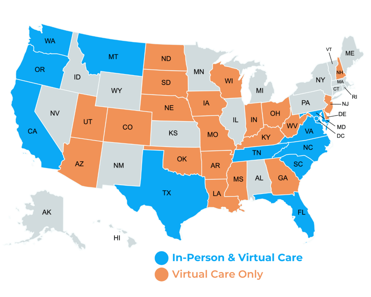 Updated Locations Map for MovementX physical therapy services nationwide highlighted in blue and orange with the available states they offer services in