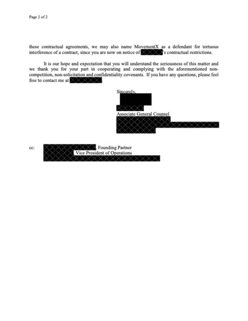 Page 2 of the redacted Cease and Desist letter sent to MovementX.