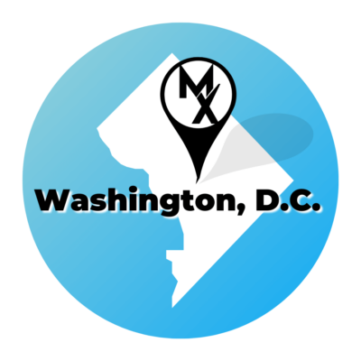 a blue map of the district of columbia showing where MovementX offers physical therapy in washington dc