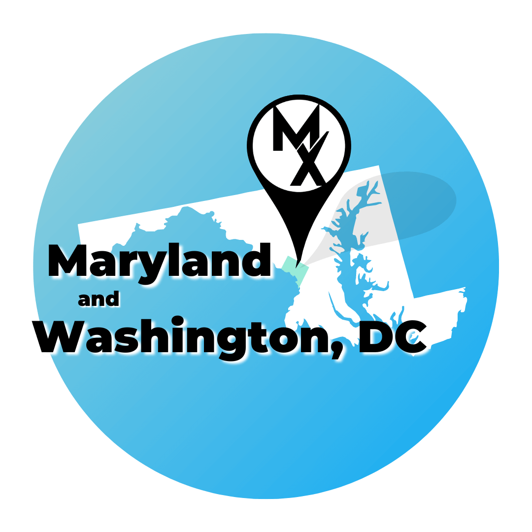 A blue circle showing the state of maryland and the district of columba where MovementX has physical therapy job openings in dc and maryland