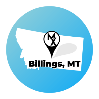 A blue circle showing the state of montana where MovementX offers physical therapy in billings