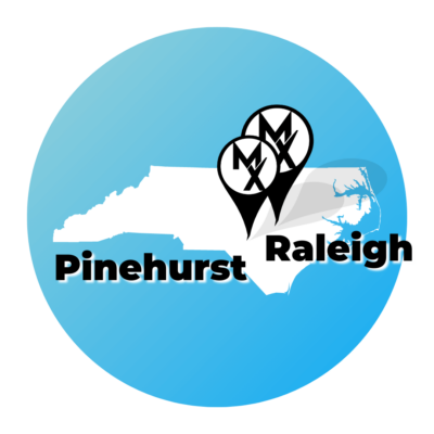 A blue circle map showing the state of north carolina where MovementX offers physical therapy in raleigh and pinehurst