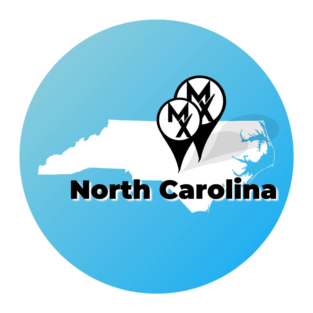 A blue circle showing the state of north carolina where MovementX has physical therapy job openings in raleigh and pinehurst