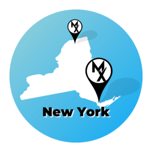 A blue circle map showing the state of new york where MovementX offers virtual physical therapy