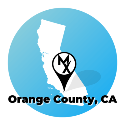 A blue circle showing the state of california where MovementX offers physical therapy in orange county, including costa mesa and irvine