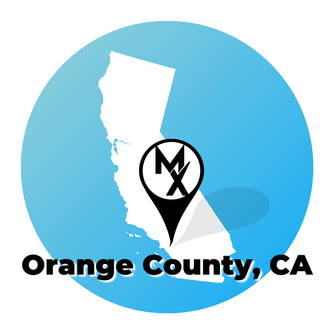 A blue circle showing the state of california where MovementX has physical therapy job openings in orange county