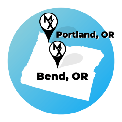 A blue circle map showing the state of oregon where MovementX offers physical therapy in portland and bend