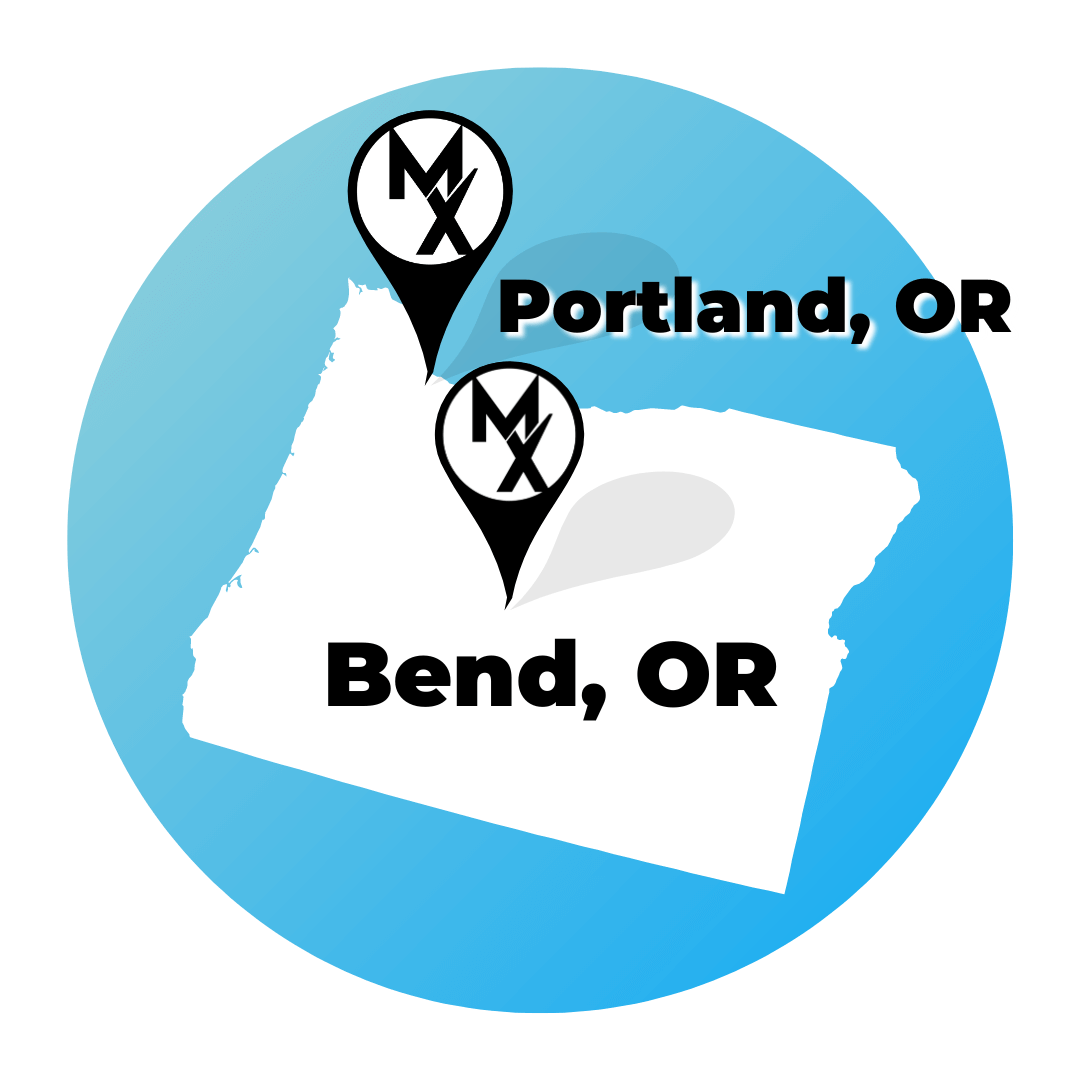 A blue circle showing the state of oregon where MovementX has physical therapy job openings in portland and bend