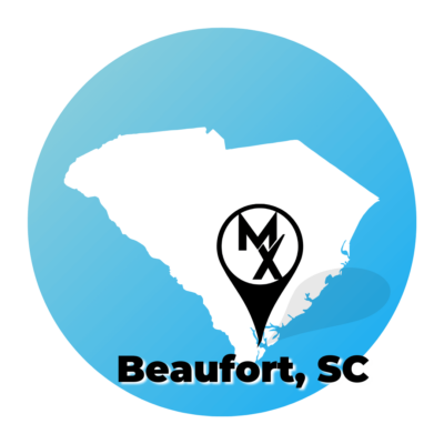 A blue circle map showing the state of south carolina where MovementX offers physical therapy in beaufort, hilton head, and bluffton