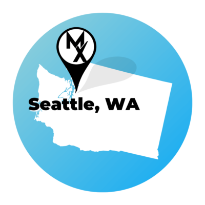A blue circle map showing the state of washington where MovementX offers physical therapy in seattle