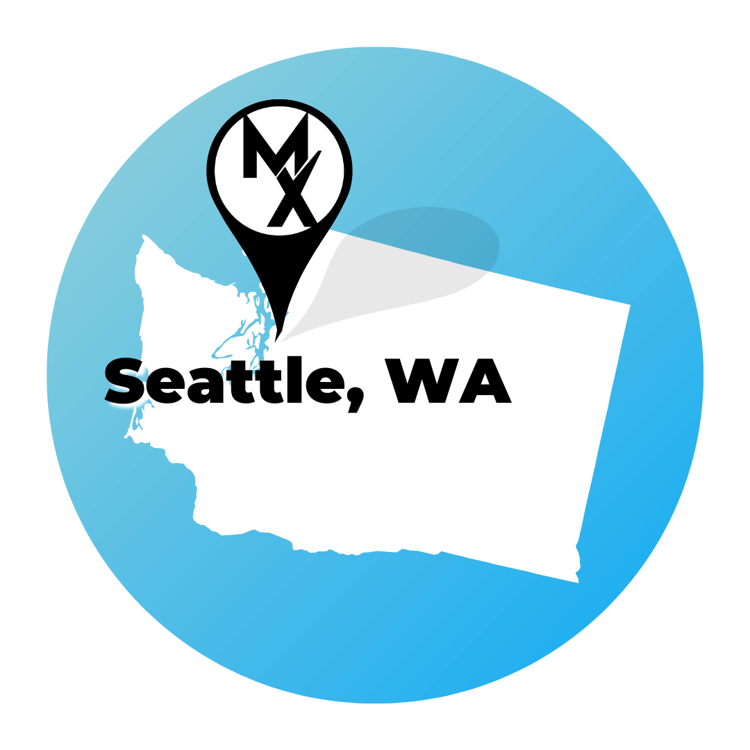 A blue circle showing the state of washington where MovementX has physical therapy job openings in seattle