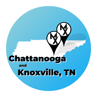 A blue circle showing the state of tennessee where MovementX offers physical therapy in chattanooga and knoxville