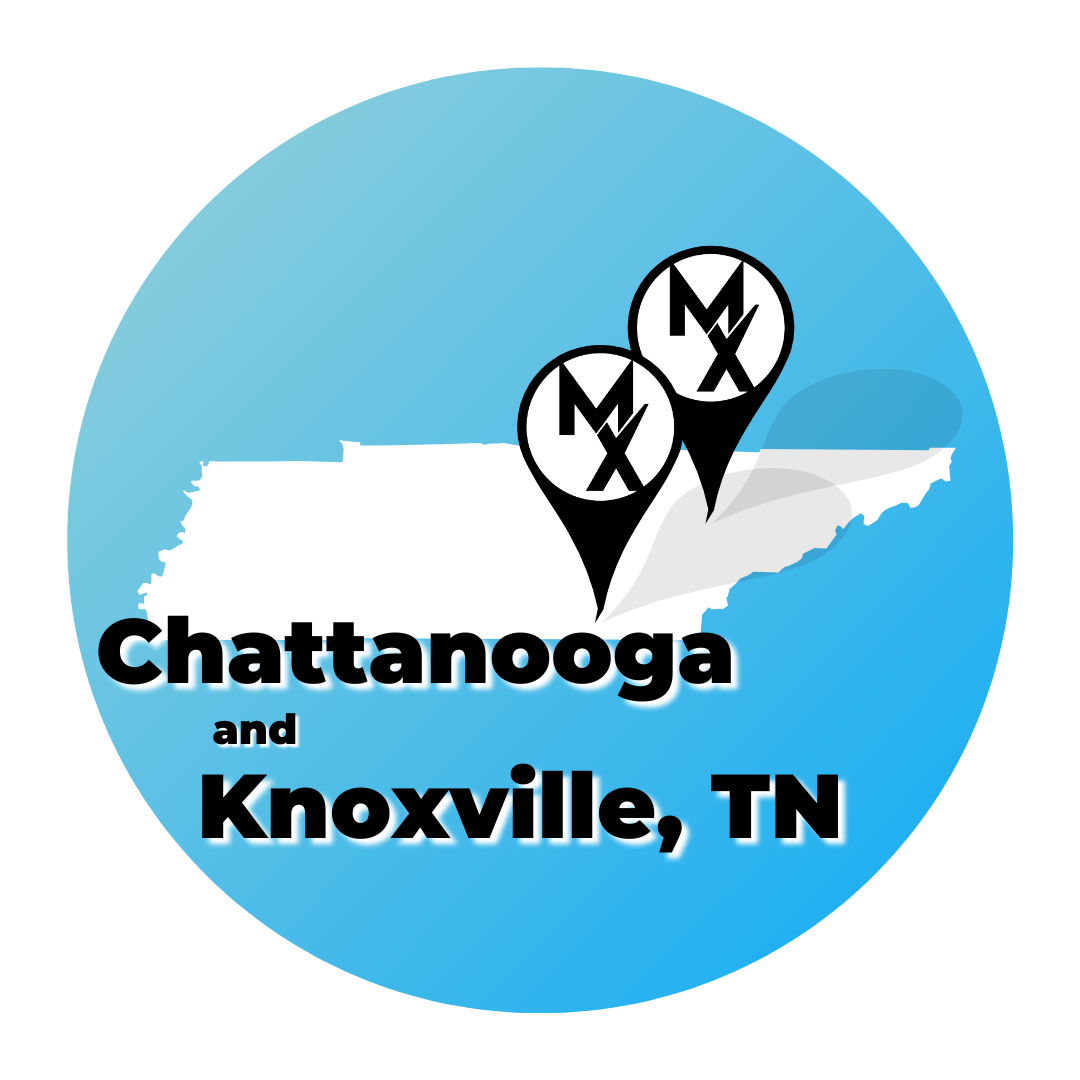 A blue circle showing the state of tennessee where MovementX has physical therapy job openings in chattanooga and knoxville