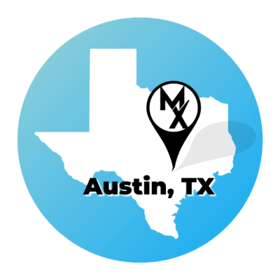 A blue circle map showing the state of texas where MovementX offers physical therapy in austin