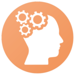 orange icon showing a head with gears depicting innovation and professional development