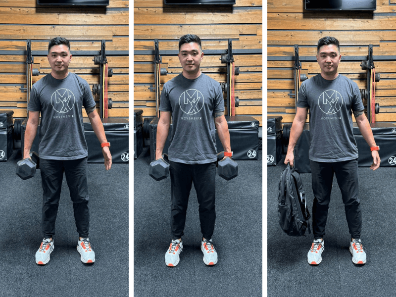 John Huang, PT, DPT, performing three types of farmer carries; one, a single arm holding a dumbbell standing, two both arms holding dumbbells standing, three a single arm holding a backpack standing.