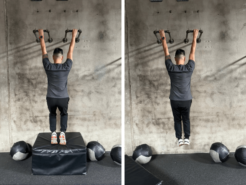 John Huang, PT, DPT, performing a bar hang in two frames; first frame with the support of a box, second without the support of the box.