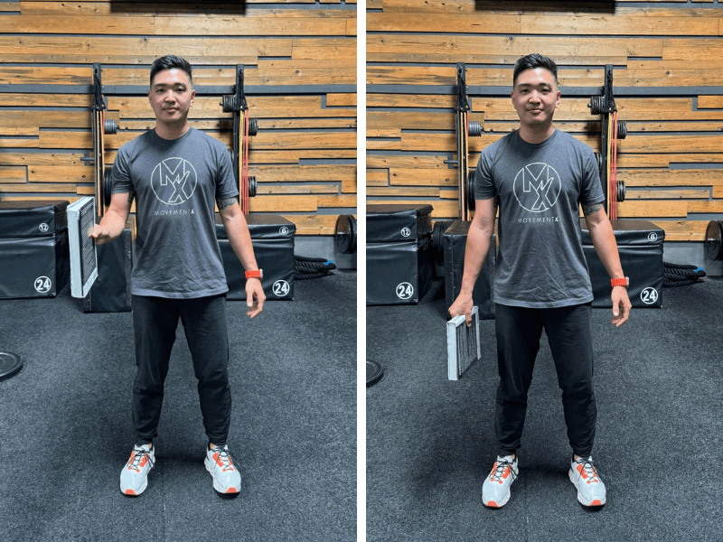 John Huang, PT, DPT performing a plate pinch in two frames; first, a textbook pinched by one hand with the elbow bent at a 45 degree angle, second pinching with a straight arm