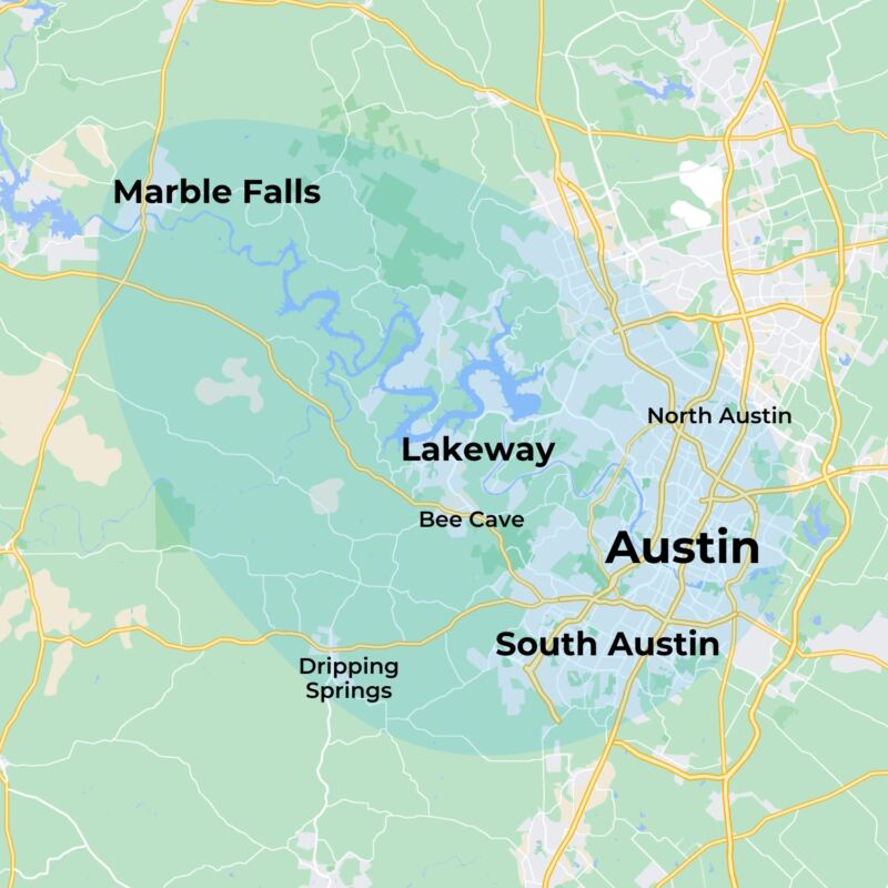 MovementX Physical Therapy in Austin Texas Map of Service Area including Lakeway texas