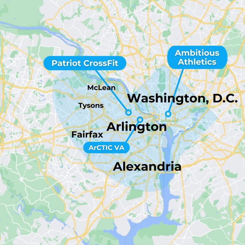 A map of movementx personal training services in northern virginia and washington dc