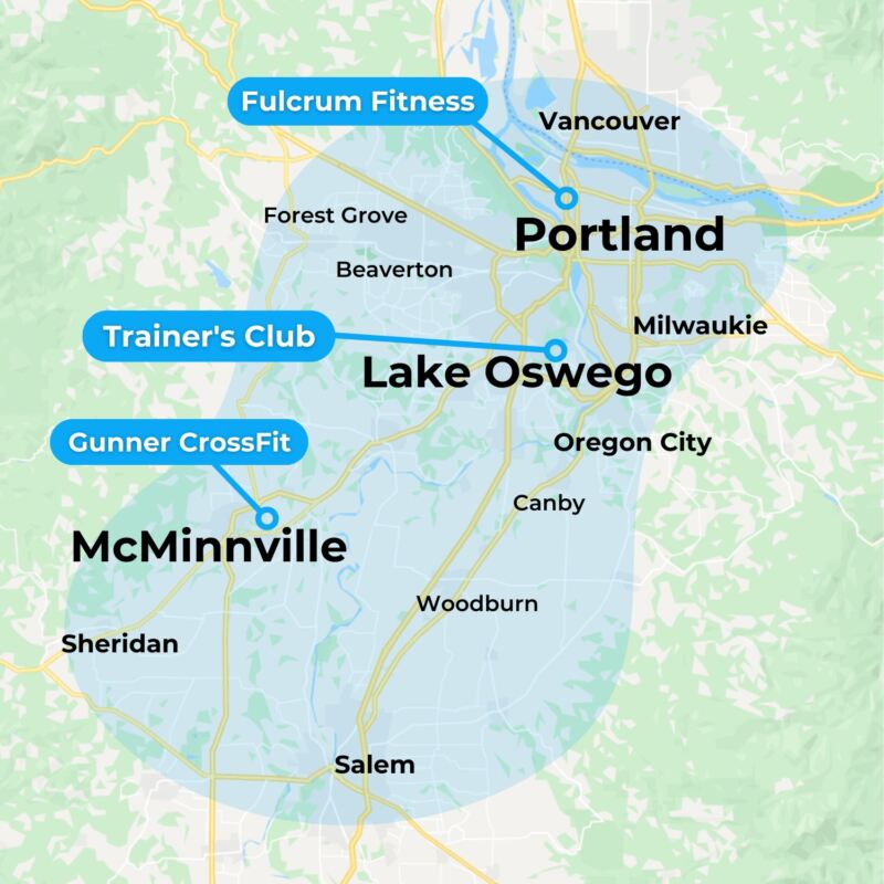 A map of MovementX Physical Therapy in Portland services with blue highlights of areas including portland, lake oswego, and mcminnville oregon