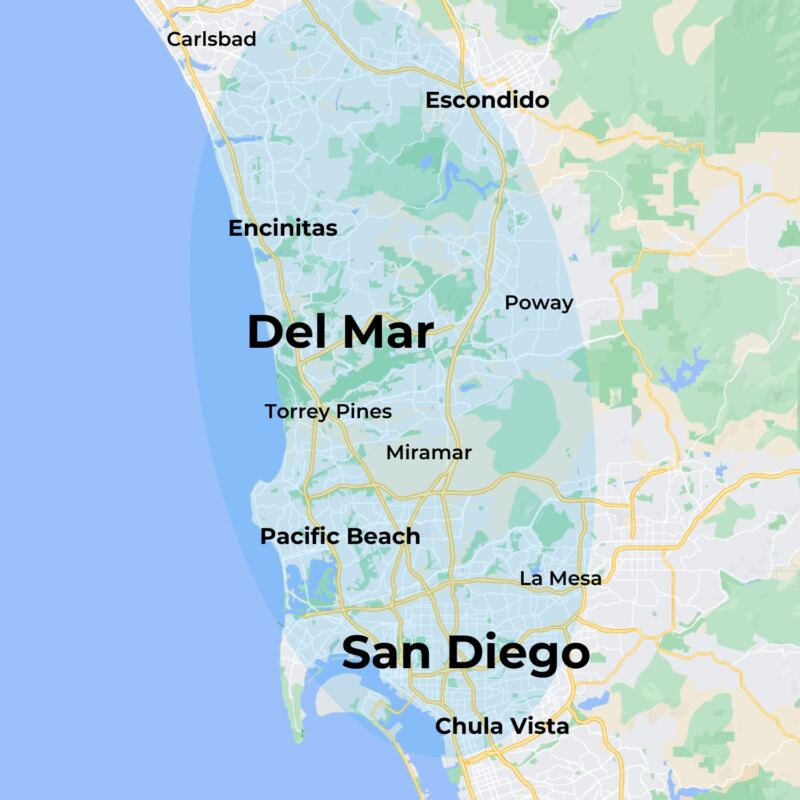 MovementX physical therapy in san diego services locations map featuring several cities including del mar, miramar, pacific beach, and encinitas