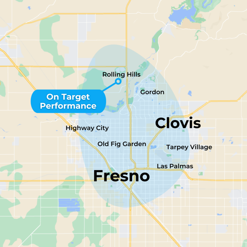 A map of MovementX Physical Therapy in Fresno services with blue highlights of areas including Clovis, madera, old fig garden, and highway city.