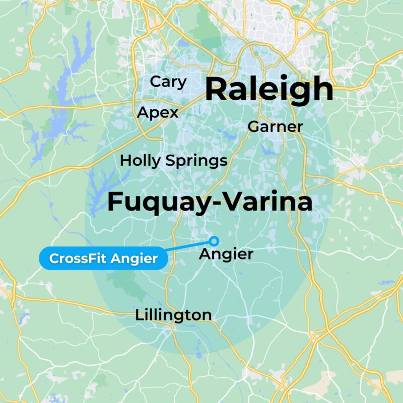 MovementX physical therapy in fuquay-varina services locations map featuring several cities including raleigh, angier, lillington, apex, cary, and holly springs north carolina